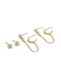 Gold Plated Mini Floral Chain & Stud Earrings 3-Pack - link has visual effect only