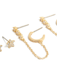Gold Plated Mini Floral Chain & Stud Earrings 3-Pack - link has visual effect only