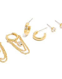 Gold Plated Double Chain Huggie & Stud Earrings 4-Pack - link has visual effect only