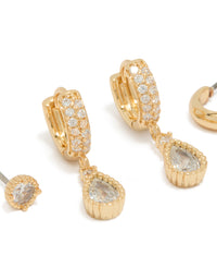 Gold Plated Cubic Zirconia Pear Huggie & Stud Earrings 3-Pack - link has visual effect only