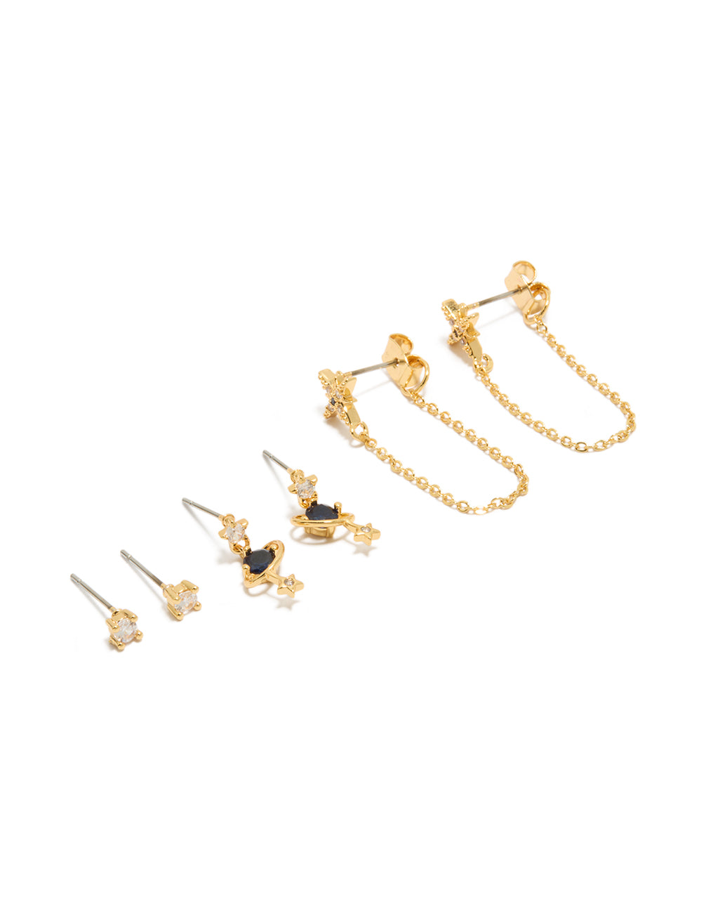Showcasing statement celestial charm cubic zirconia chain and mini stud earrings in a 3-pack with gold plated finish and star details front view
