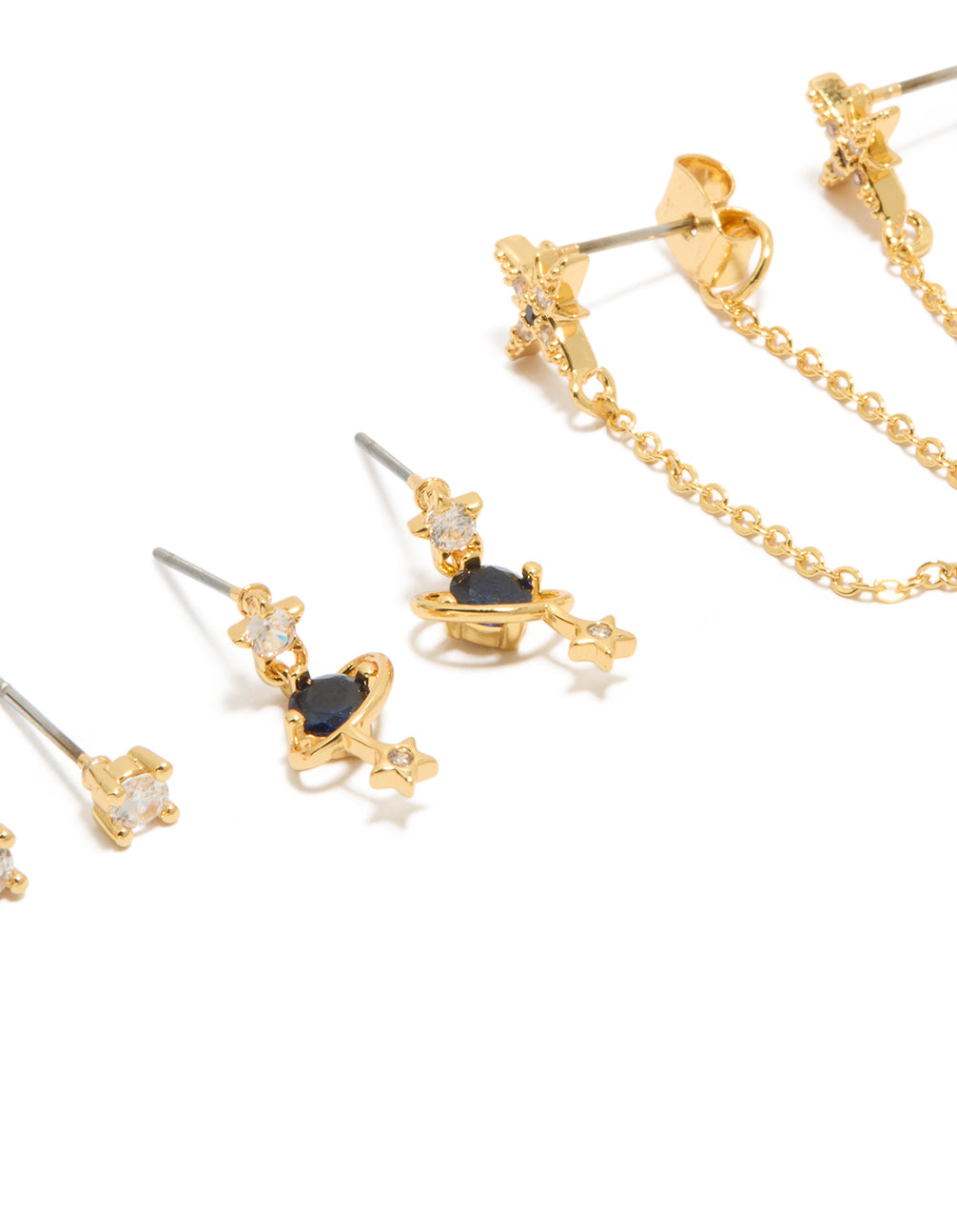 Designed with statement celestial charm cubic zirconia chain and mini stud earrings in a 3-pack, gold plated with star features close up view