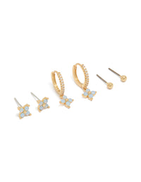 Gold Plated Blue Flower Stud & Huggie Earrings 3-Pack - link has visual effect only