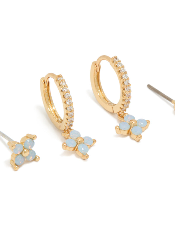 Gold Plated Blue Flower Stud & Huggie Earrings 3-Pack