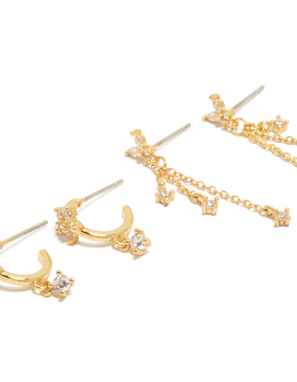 Designed with gold plated cubic zirconia butterfly chain and stud earrings 3-pack featuring charm and huggie closure close up view