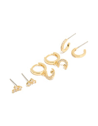 Showcasing a set of Crescent Moon hoop closure earrings crafted from cubic zirconia with crystal features celestial finished in gold plated metal, 3-pack front view - link has visual effect only