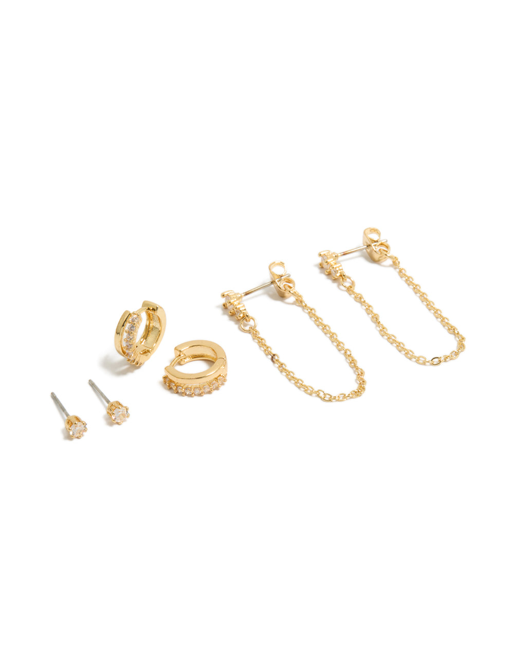 Showcasing a gold plated chain and huggie earrings 3-pack with in stud and huggie closures front view