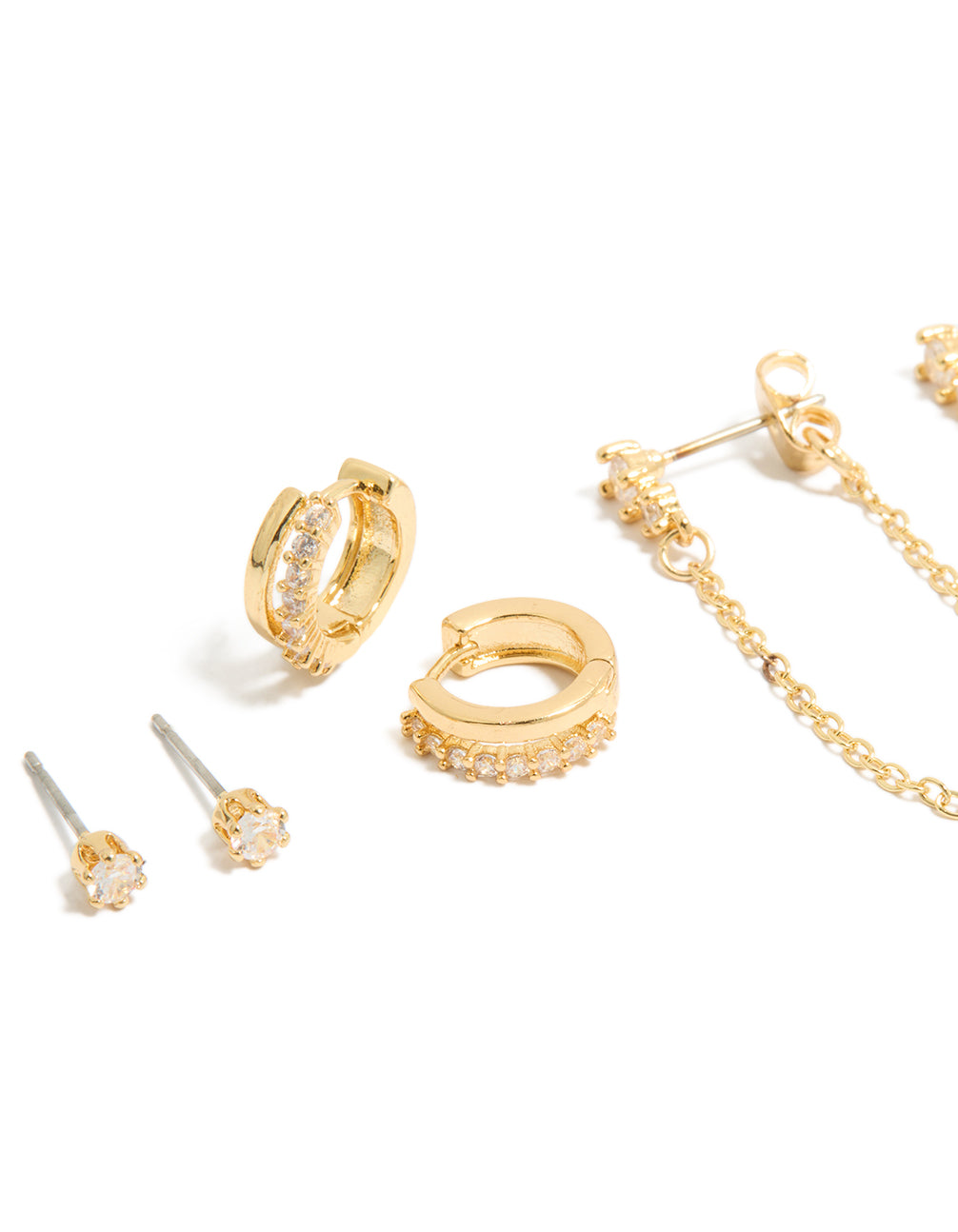 Highlighting gold plated chain and huggie earrings 3-pack with charm details in stud and huggie closures close up view