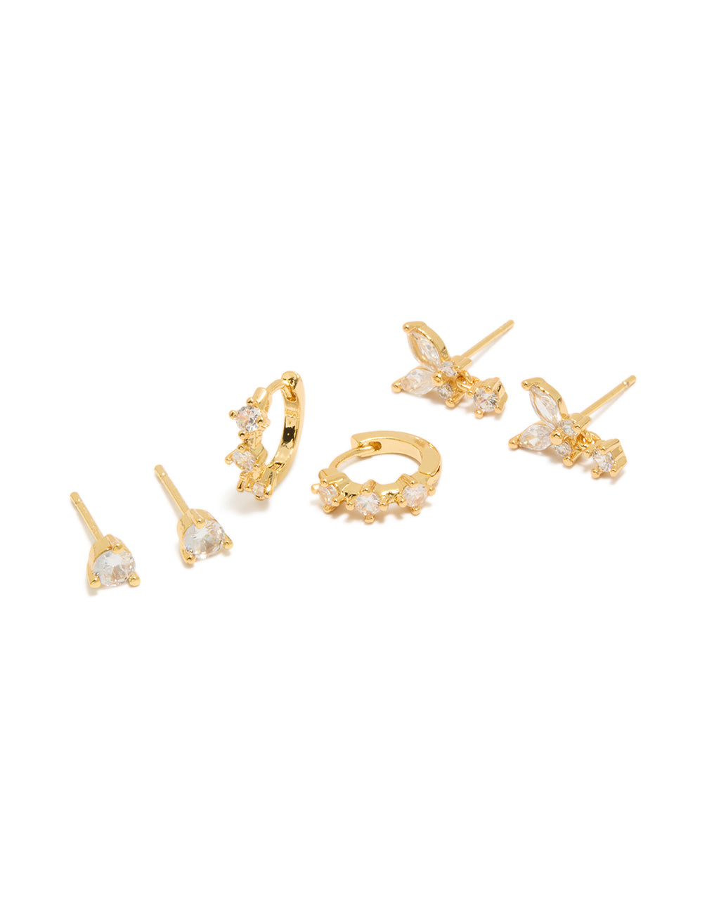 Showcasing gold plated mini butterfly hoop earrings in a 3-pack featuring cubic zirconia crystal huggie and stud closures front view