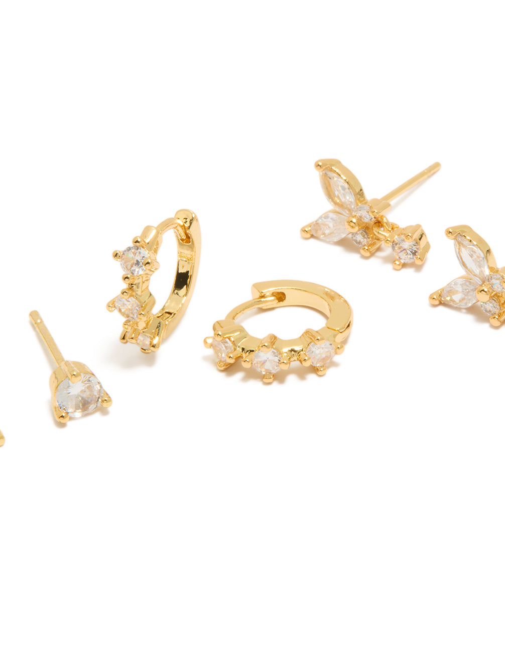 Crafted from gold plated mini butterfly hoop earrings in a 3-pack featuring cubic zirconia crystal huggie and stud closures close up view