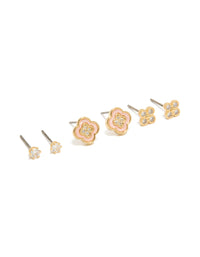 Showcasing gold plated cubic zirconia flower stud earrings in a 3-pack and crystal accents front view - link has visual effect only