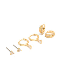 Presenting a dainty huggie earrings 3-pack with cubic zirconia and crystal featuring gold plated material in gold color front view - link has visual effect only