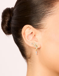 Featuring gold plated cubic zirconia studs and marquise fan earrings 3-pack with huggie closure on ear view - link has visual effect only