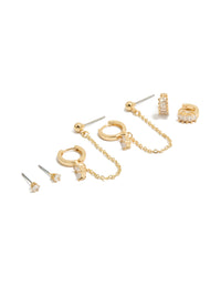 Discover gold plated baguette chain and huggie earrings 4-pack with crystal cubic zirconia stud closure front view - link has visual effect only