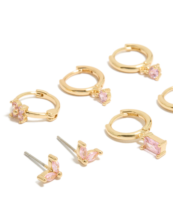 Gold Plated Pink Cubic Zirconia Flower Huggie & Stud  Earrings 4-Pack