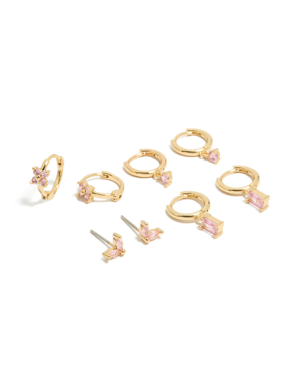 Gold Plated Pink Cubic Zirconia Flower Huggie & Stud  Earrings 4-Pack