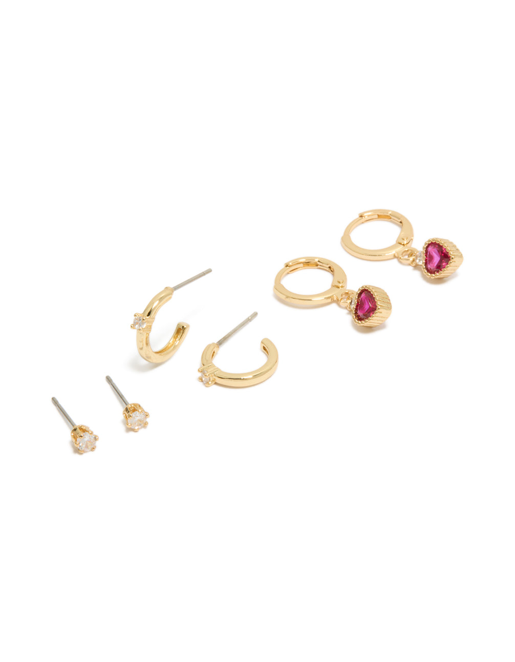 Featuring gold plated cubic zirconia studs and heart huggie earrings in a 3-pack with charm details, crystal embellishments, hoop closures front view