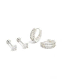 Showcasing silver plated brass flat back studs and huggie earrings pack front view - link has visual effect only