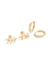 Showcasing gold plated brass vine flat back studs and huggie earrings pack with leaf design featuring cubic zirconia in a front view - link has visual effect only