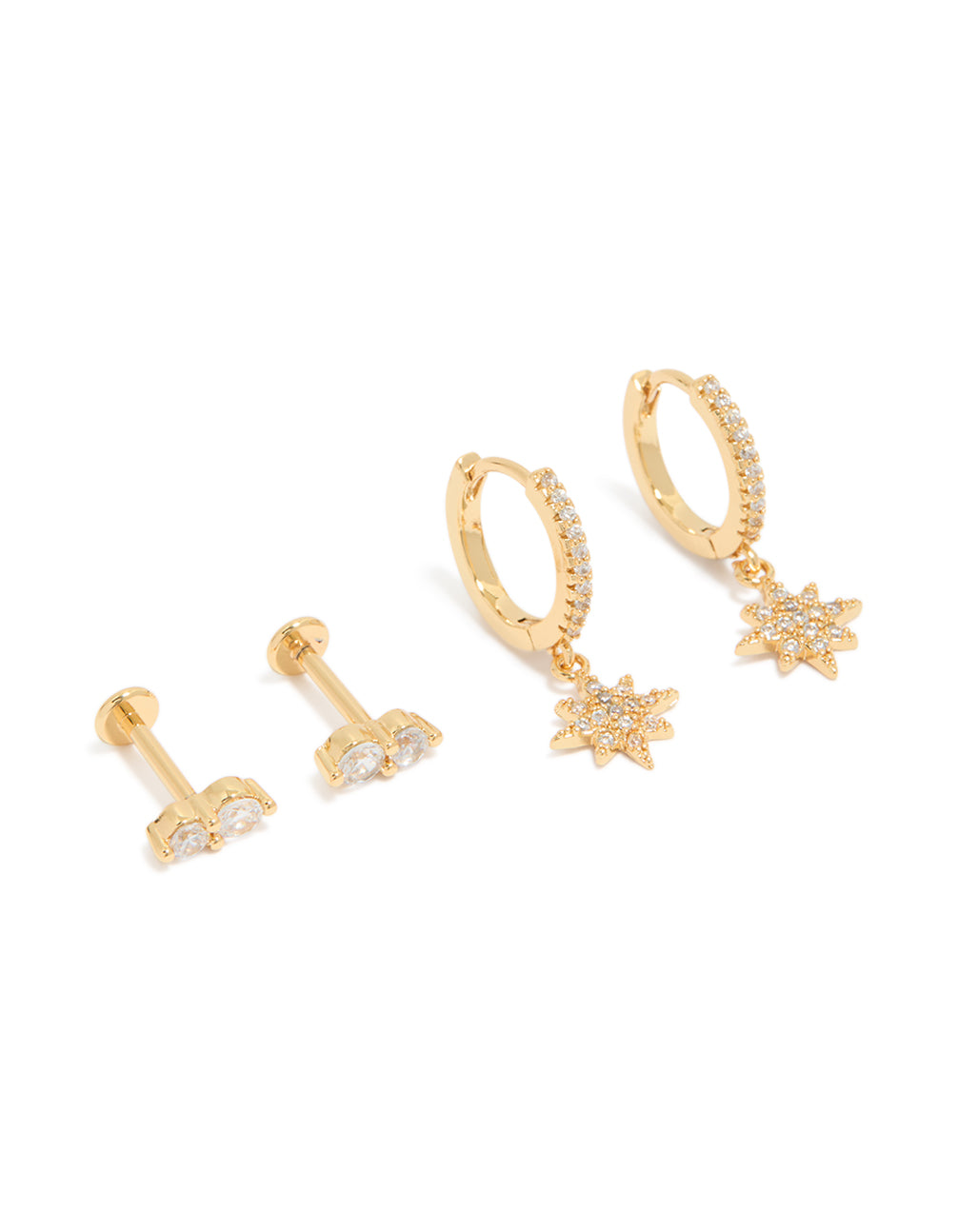 Showcasing a celestial charm pack featuring star accents with cubic zirconia crystals, flat back studs and huggie closures in gold plated brass front view