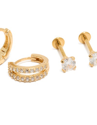 Explore this gold plated double hoop and flat back studs pack with cubic zirconia in titanium close up view - link has visual effect only