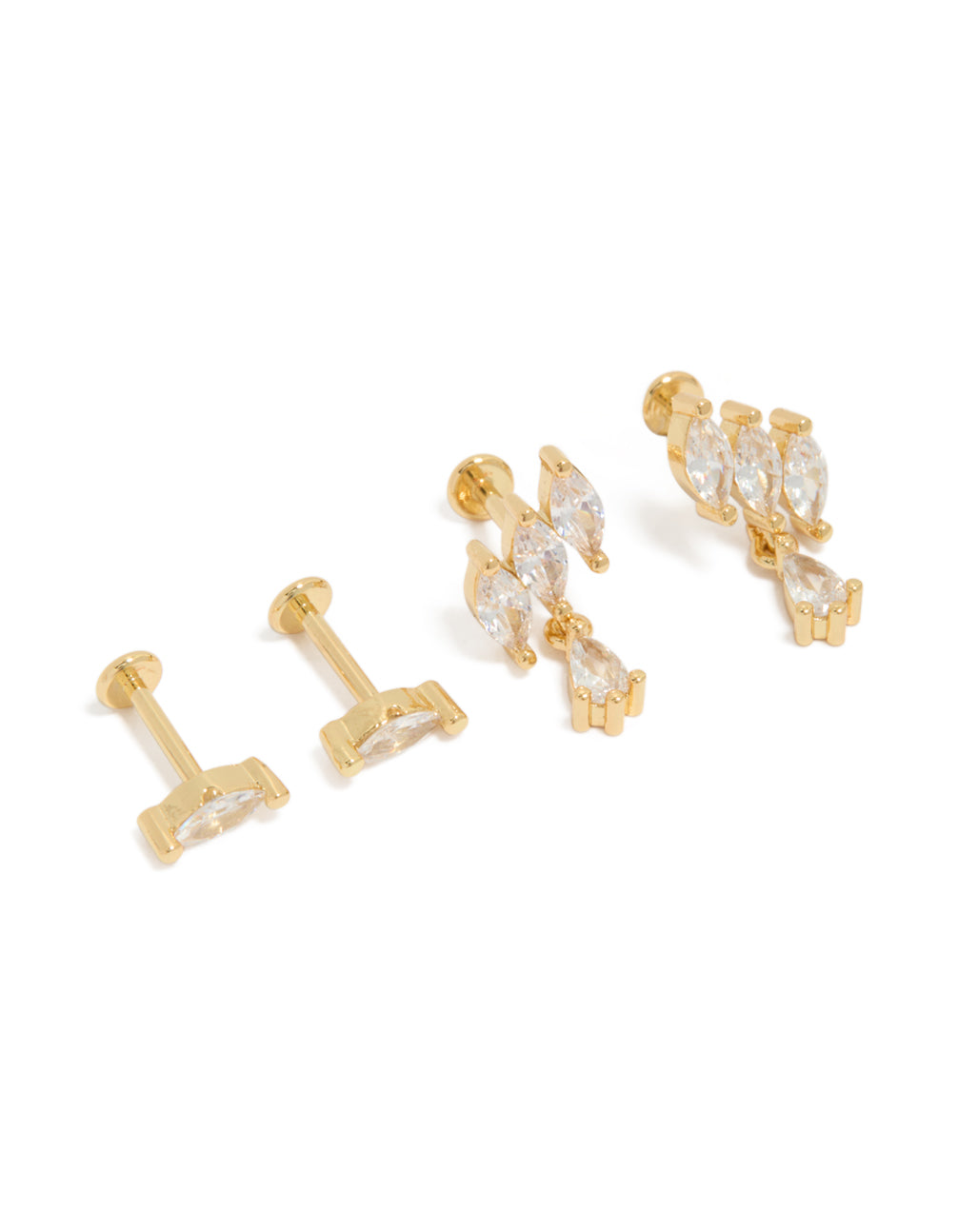Crafted from brass with gold plated twisted marquise flat back studs featuring cubic zirconia crystal in a 2-pack front view