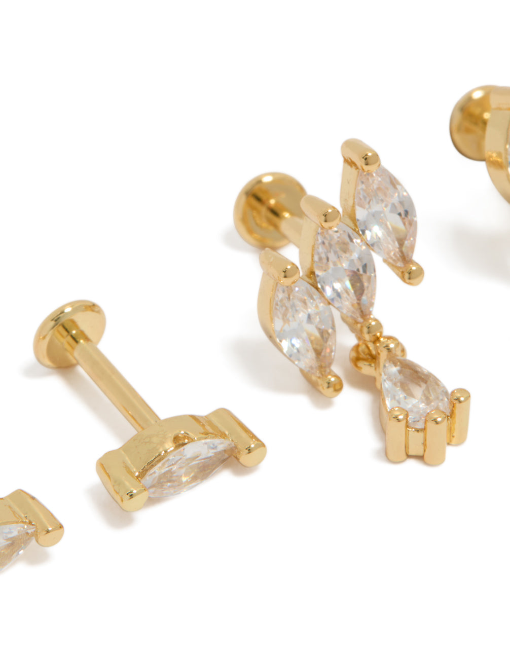 Showcasing brass with gold plated twisted marquise flat back studs featuring cubic zirconia crystal in a 2-pack close up view