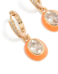 Gold Cubic Zirconia Orange Enamel Outer Oval Huggie Earrings - link has visual effect only