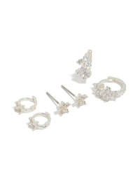 Silver Cubic Zirconia Flower Stud & Huggie Earrings 3-Pack - link has visual effect only