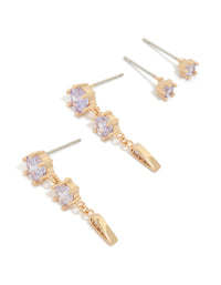 Gold Lilac Cubic Zirconia Stud & Drop Earrings 2-Pack - link has visual effect only