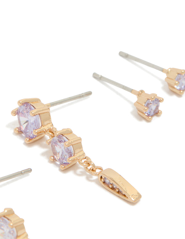 Gold Lilac Cubic Zirconia Stud & Drop Earrings 2-Pack