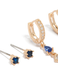 Gold Blue Cubic Zirconia Stud & Drop Huggie Earrings 2-Pack - link has visual effect only