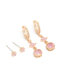 Beautifully designed gold pink cubic zirconia stud and huggie earrings 2-pack featuring charm details with crystal accents front view - link has visual effect only