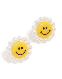 Showcasing floral stud earrings with pearl detailing in yellow and white front view - link has visual effect only