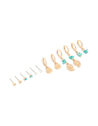 Discover this gold sea life stud and hoop earrings 6-pack featuring shell charms with turquoise beads, pearl studs, and ocean-inspired design front view - link has visual effect only