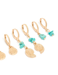 Designed with gold hoop closures, this sea life 6-pack features shell and ocean charms with turquoise beads and pearl details post detail view - link has visual effect only