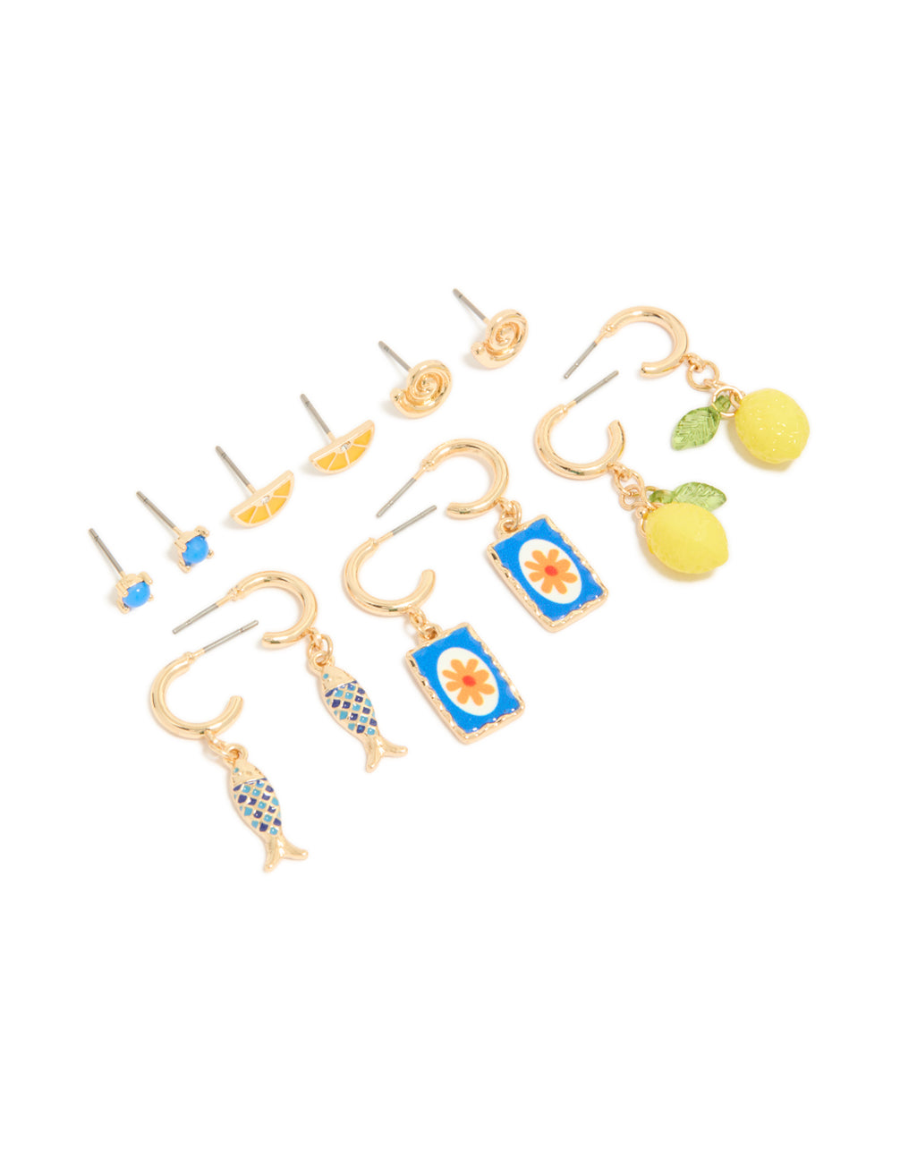 Featuring gold stud and hoop earrings with ocean, fruit, shell ,floral and charm designs in yellow blue lime green front view
