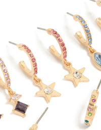 Crafted from gold with multicoloured diamante hoop earrings featuring celestial star charms in a 6-pack close up view - link has visual effect only