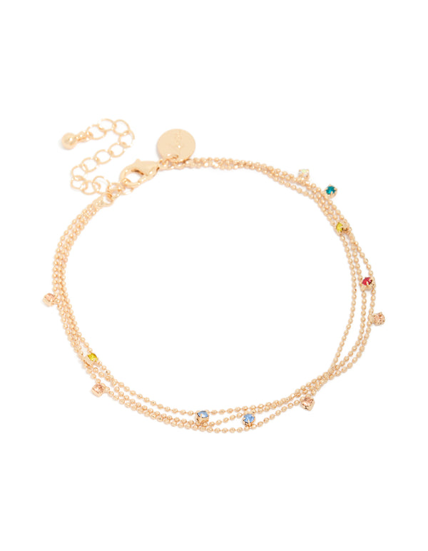 Gold Multicoloured Cubic Zirconias Droplet Layered Anklet