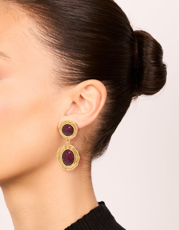 Gold Double Burgundy Resin Drop Earrings