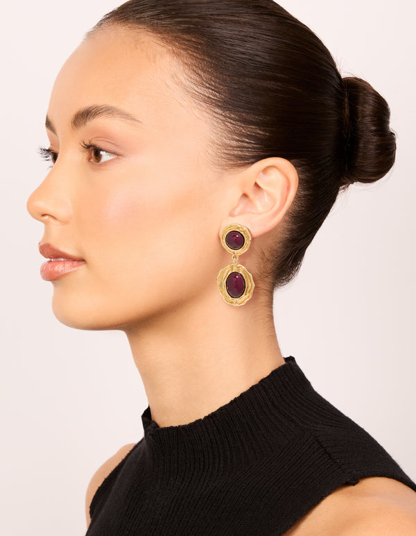 Gold Double Burgundy Resin Drop Earrings