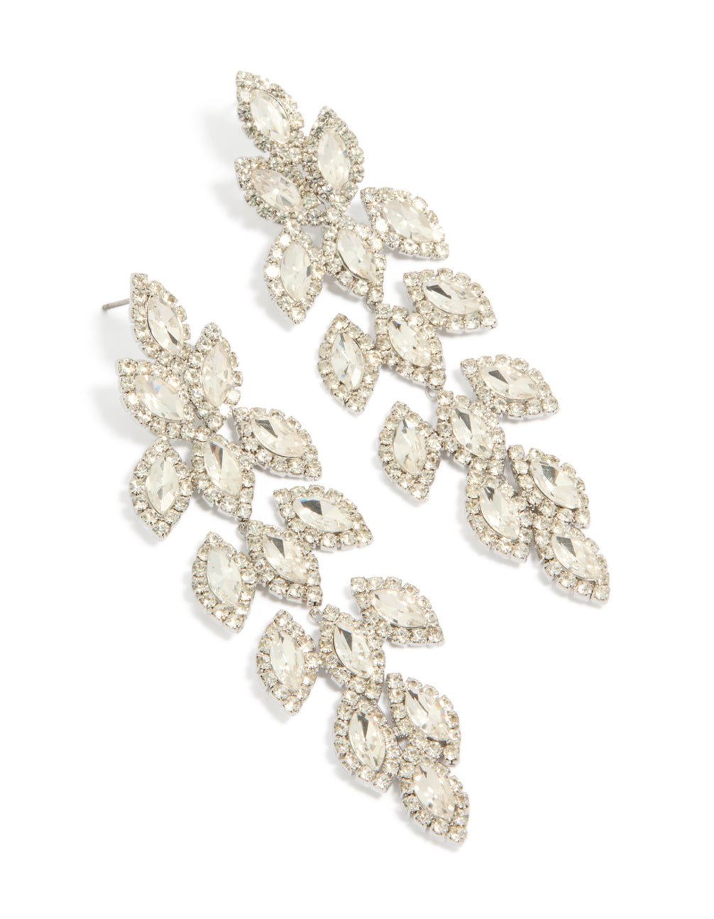 Showcasing statement earrings with leaf design featuring marquise cut stones in silver front view