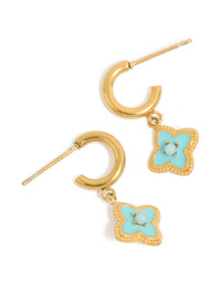 Showcasing gold plated stainless steel blue enamel flower hoop earrings front view - link has visual effect only