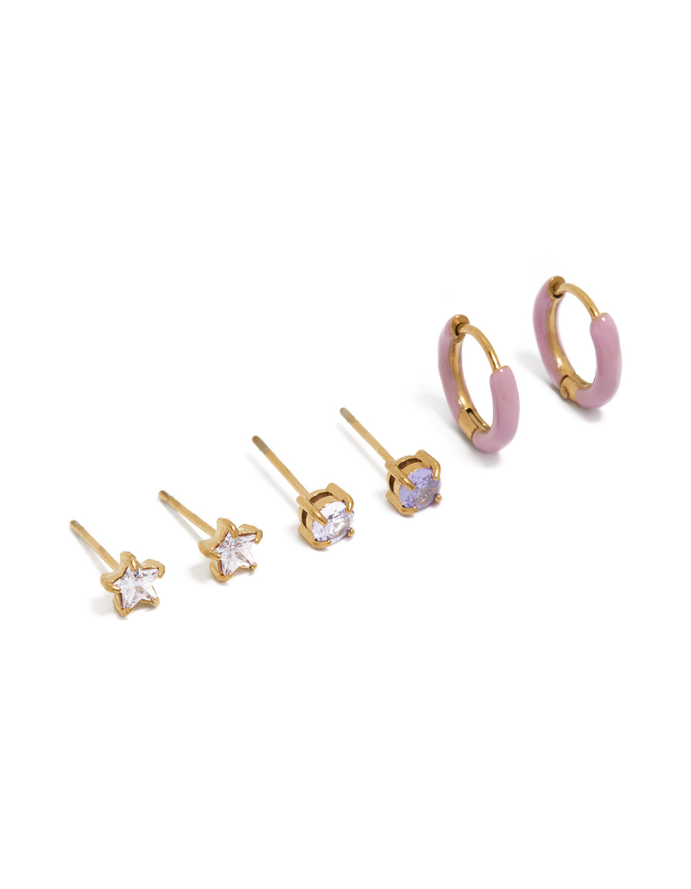 Showcasing gold plated stainless steel stacking earrings with featuring celestial stars in enamel, stud and huggie closures, 3-pack set in pink lavender plum front view
