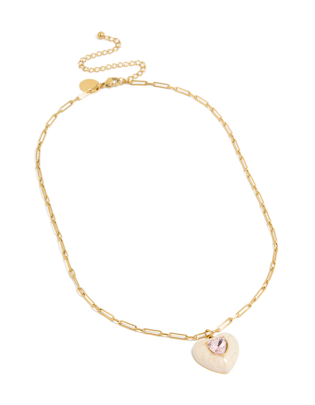 Featuring a gold plated stainless steel statement cream enamel heart necklace with charm pendant featuring waterproof materials front view