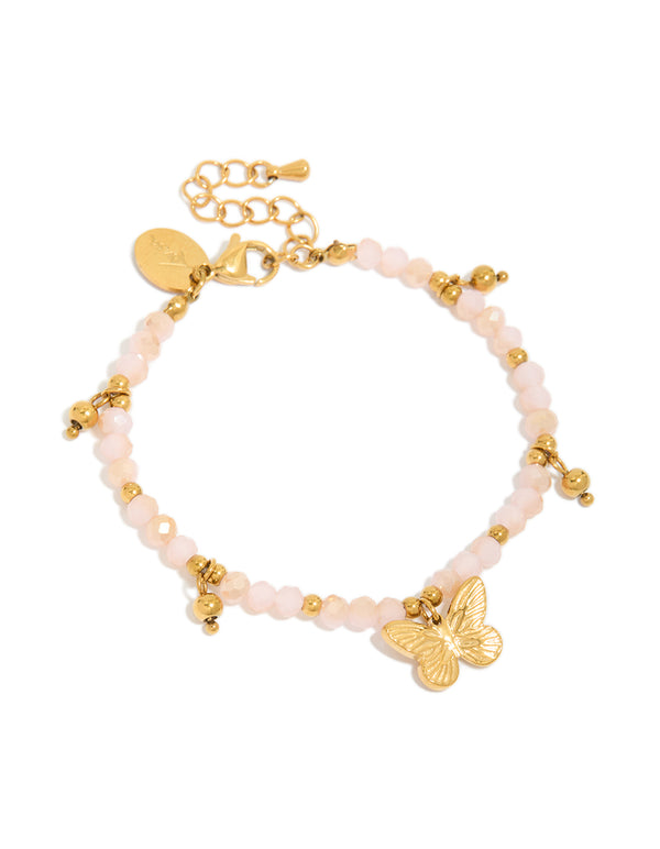 Tweens Gold  Plated Stainless Steel & Pink Facet Beaded Butterfly Charm Bracelet