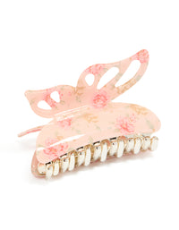 Showcasing an acrylic claw clip with butterfly design and floral print in light pink, peachpuff, gold, tan detail view - link has visual effect only