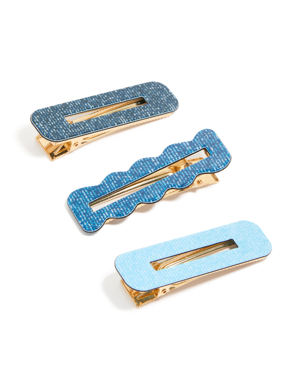 Showcasing 3-pack solid steel blue, sky blue, and gold denim look acrylic hair clips front view