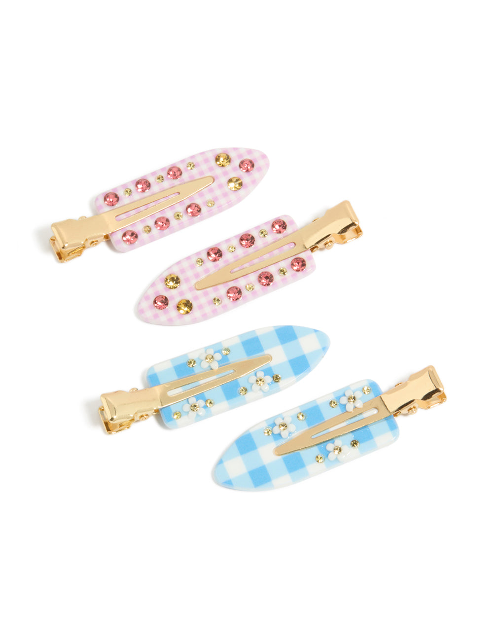 Showcasing tweens pastel checkered creaseless hair clips in a 4-pack featuring pink, sky blue, gold, and white front view