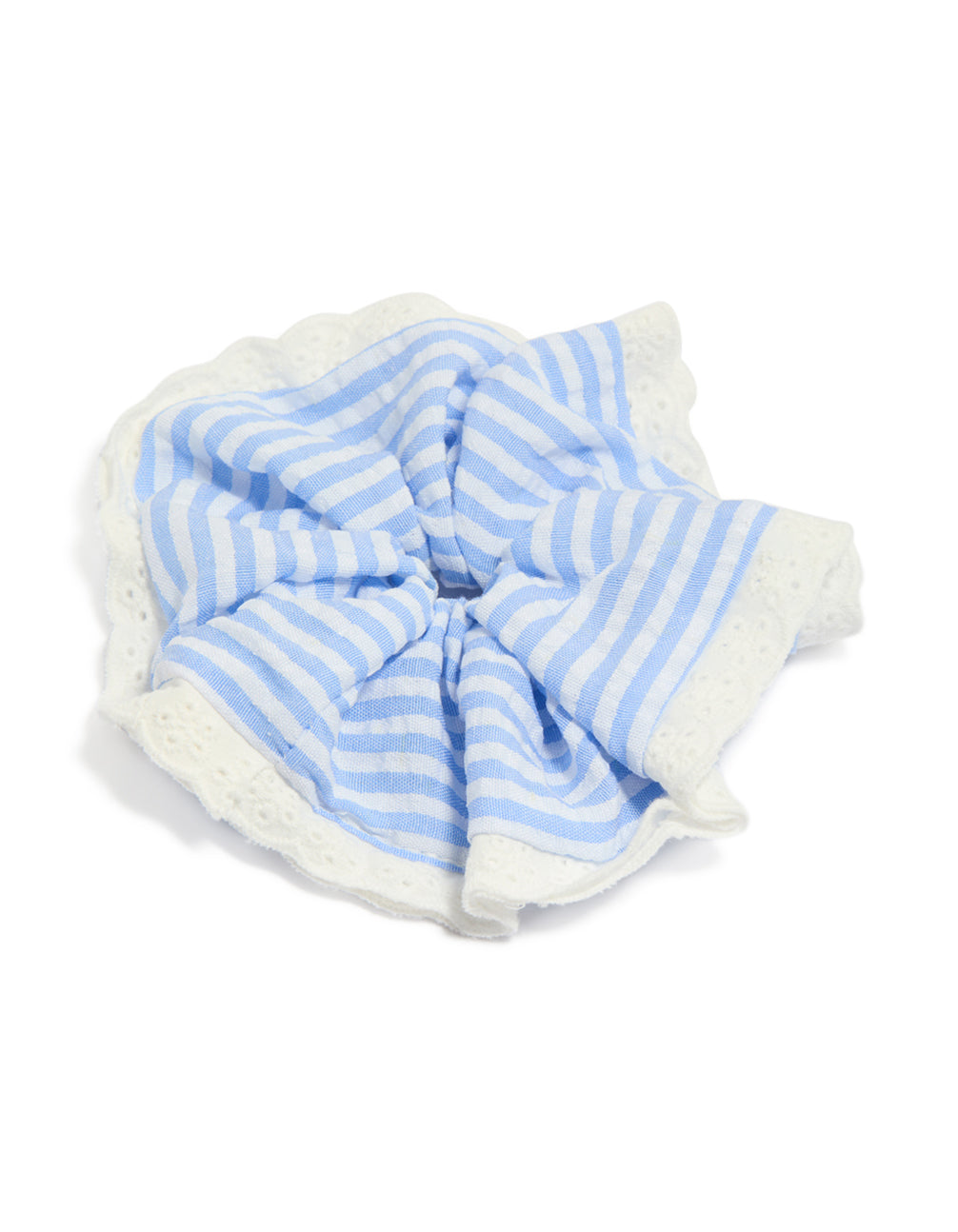 Featuring a striped scrunchie with lace edge in light blue and white detail view
